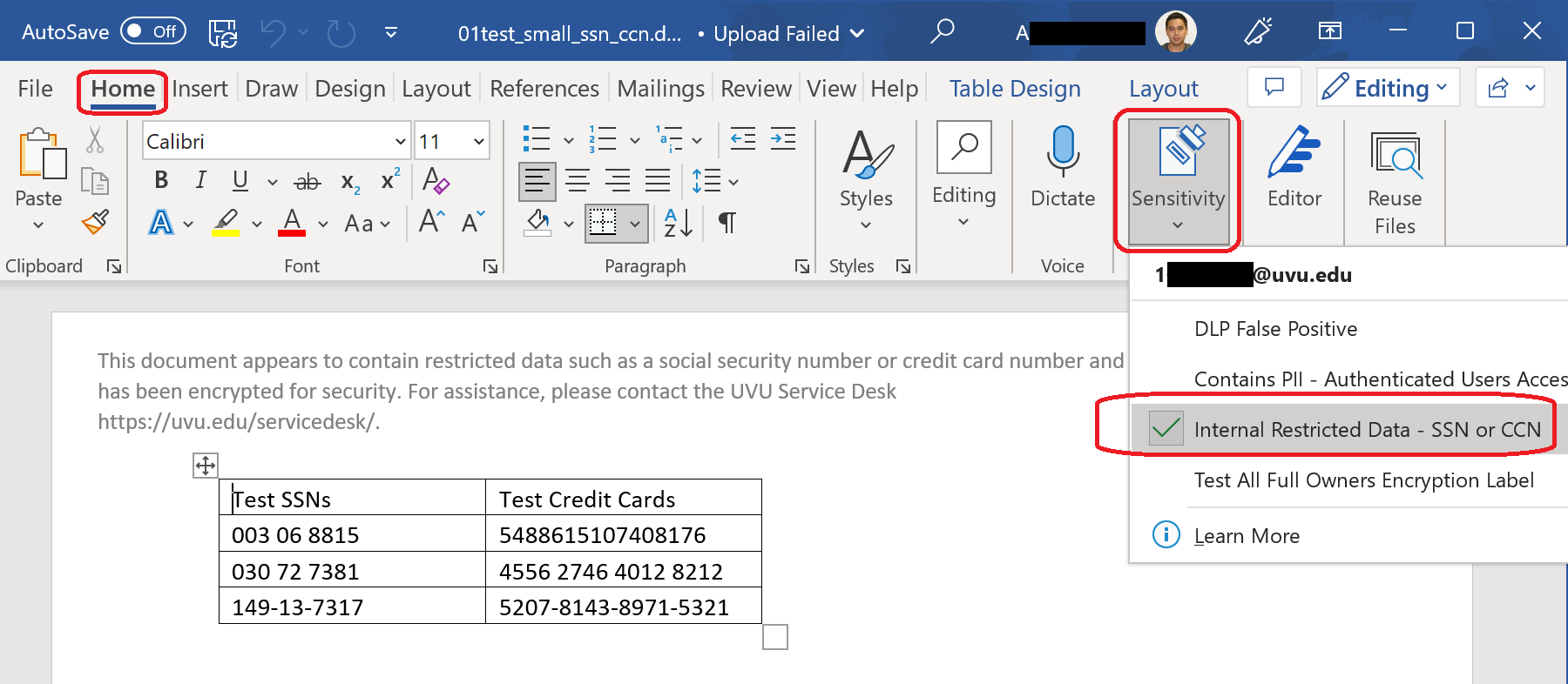 Image of Microsoft Word application showing the Home tab, Sensitivity button, and the Internal Restricted Data - SSN or CCN label checked.