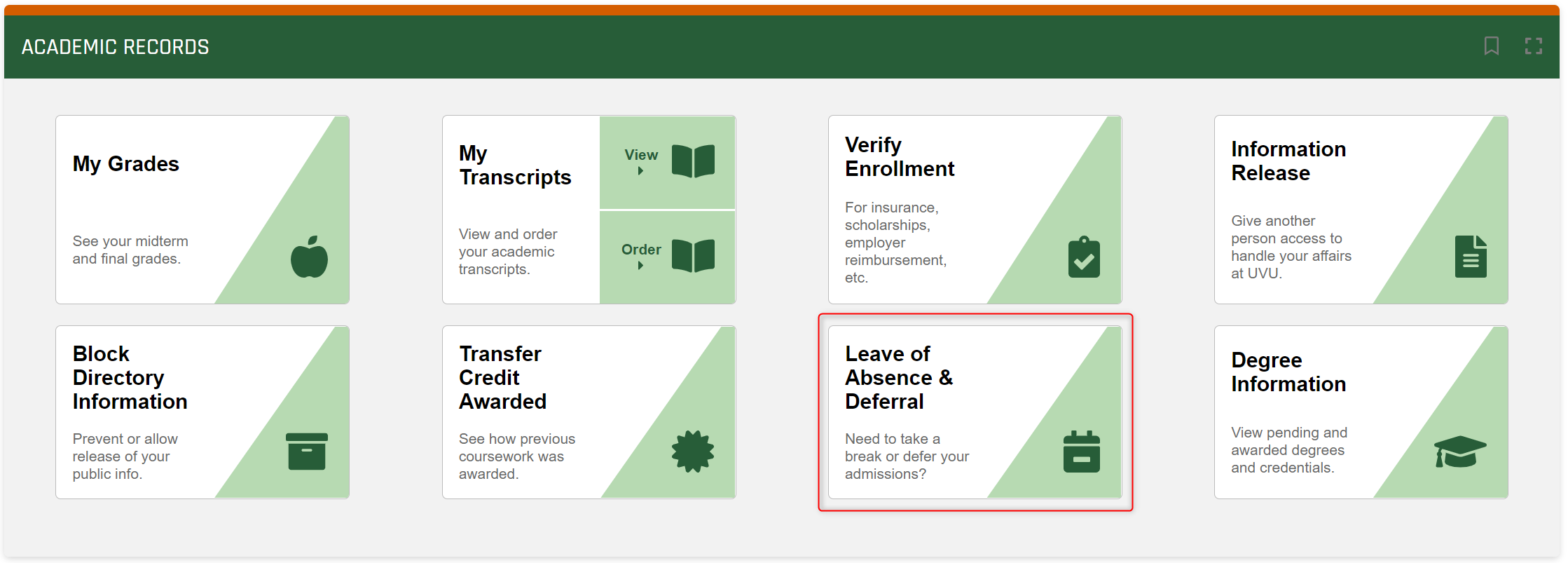 From the academic records panel, elect the Leave of Absence and Deferral button