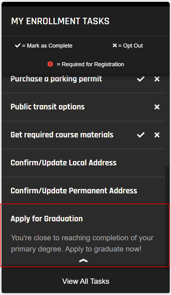Apply for Graduation button appears under the My Enrollment Tasks list.