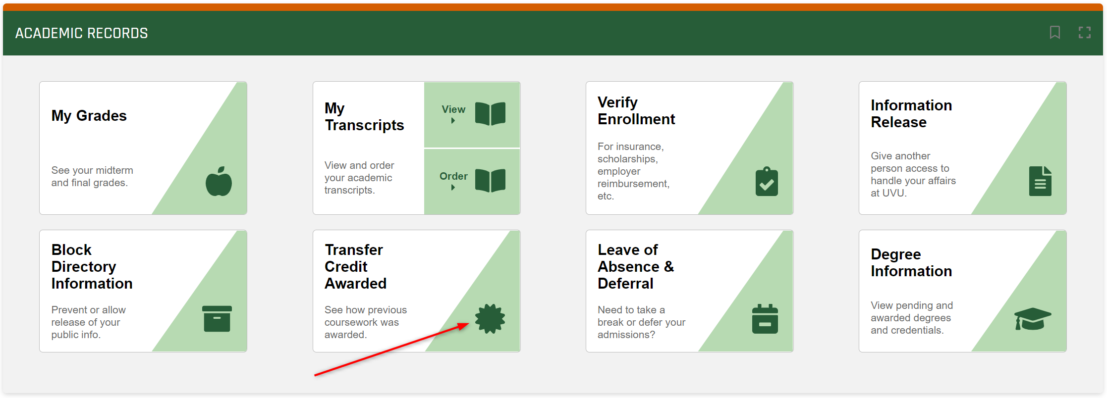Arrow pointing to the Transfer Credit Awarded button.