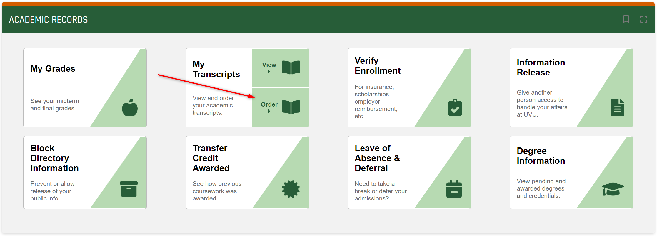 The Academics page with boxes including the My Transcripts box with an arrow pointing at the Order button