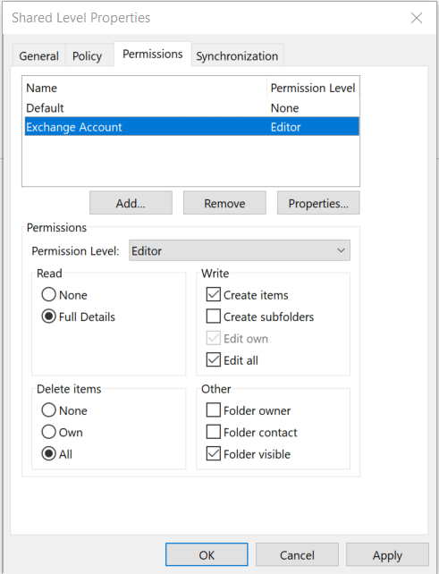 Add permissions in the Shared Level Properties dialog box.